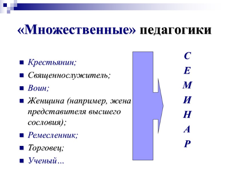 С Е М И Н А Р  «Множественные» педагогики Крестьянин; Священнослужитель; Воин; Женщина